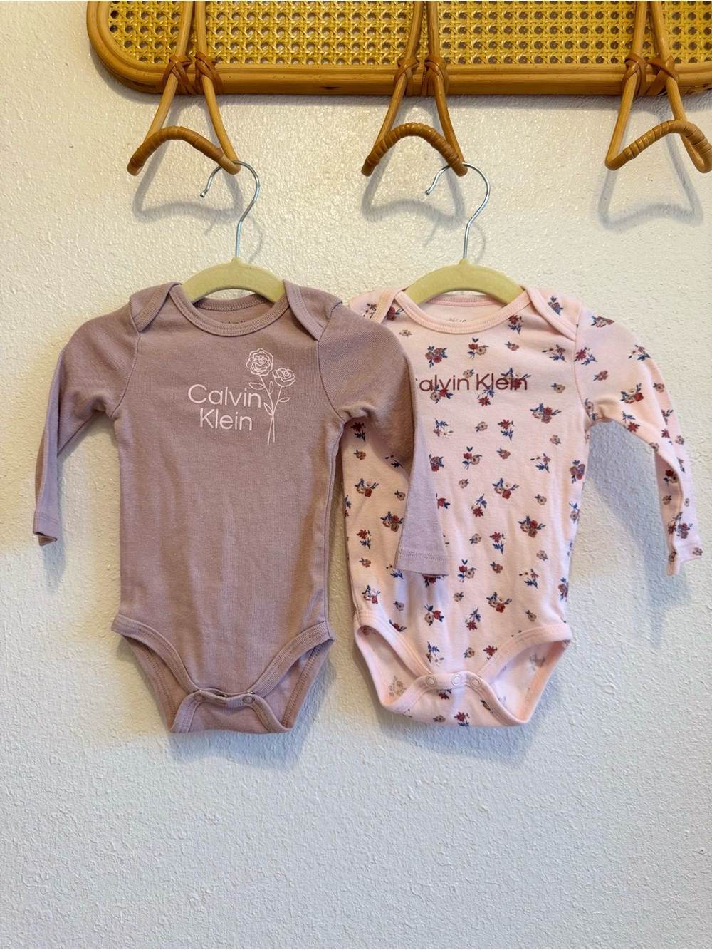 Calvin Klein Mauve Solid and Light Pink Floral Long-Sleeve Baby Bodysuits